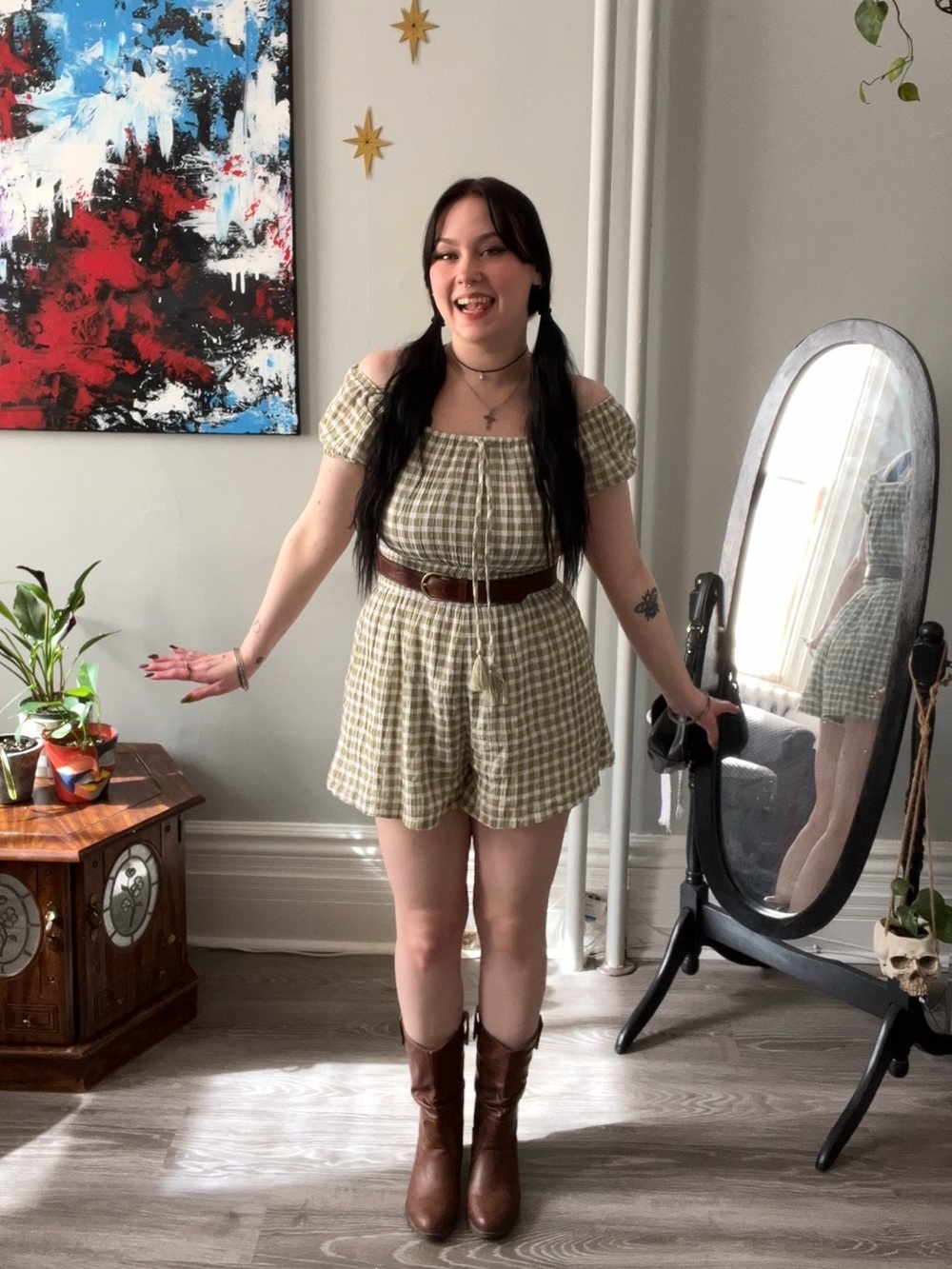 American Eagle Outfitters Olive Plaid Off-Shoulder Romper